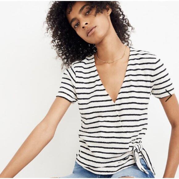 Madewell Texture & Thread Black White Striped Short Sleeve Wrap Shirt Small - Picture 1 of 4